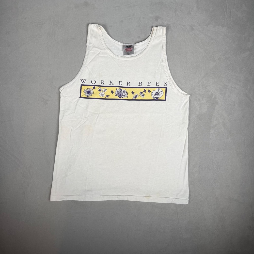 90s Mens Oneita Worker Bees Graphic Tank Top White Vintage M